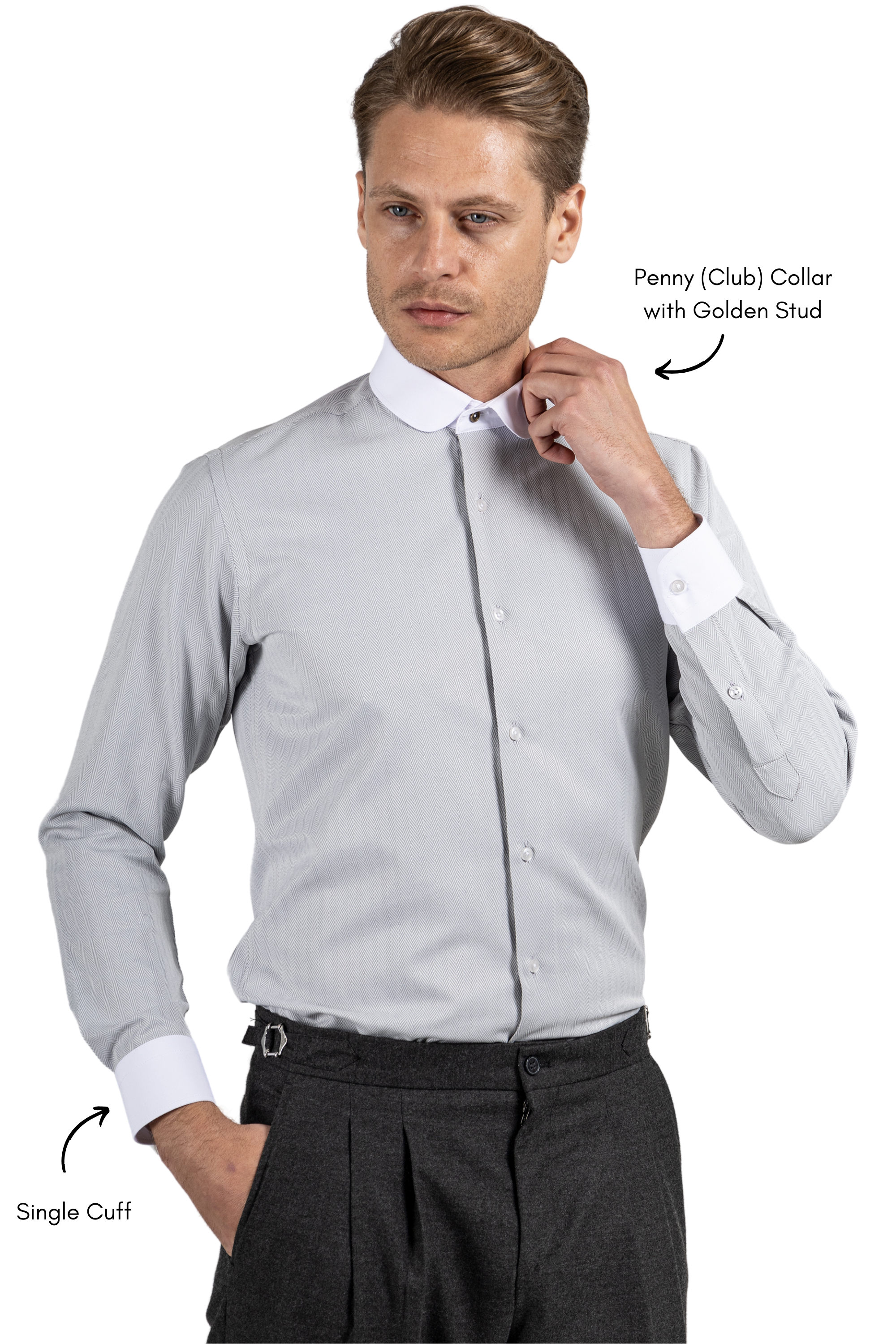 THOMAS - Grey Herringbone Penny Collar Shirt - Jack Martin