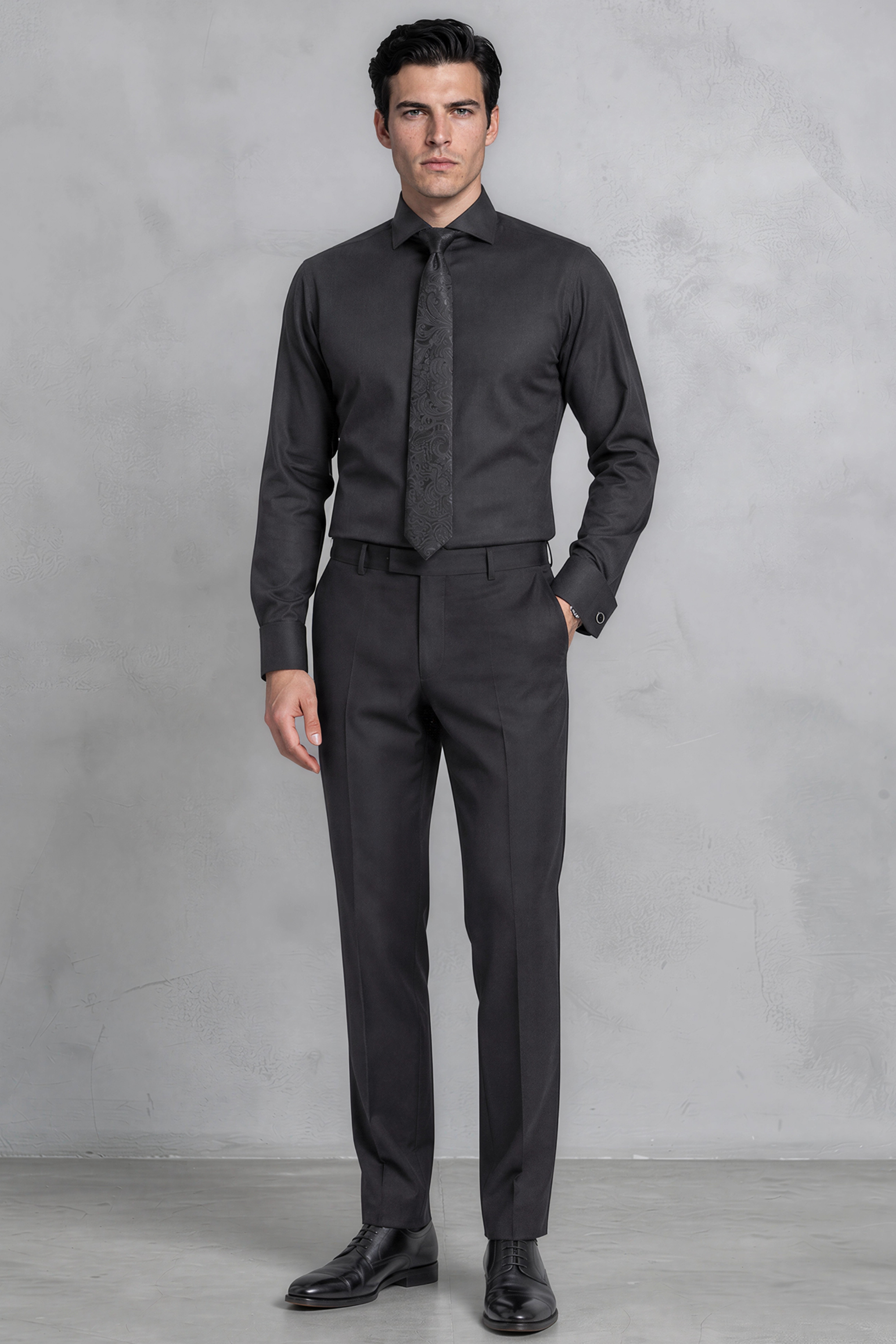 MASON - Black Herringbone Cutaway Collar Double Cuff Shirt - Jack Martin