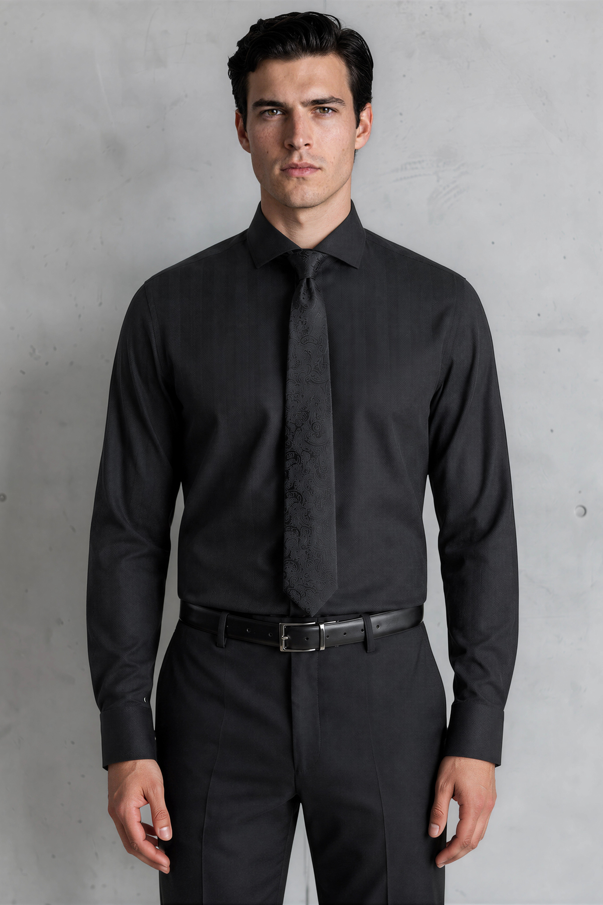 MASON - Black Herringbone Cutaway Collar Double Cuff Shirt - Jack Martin