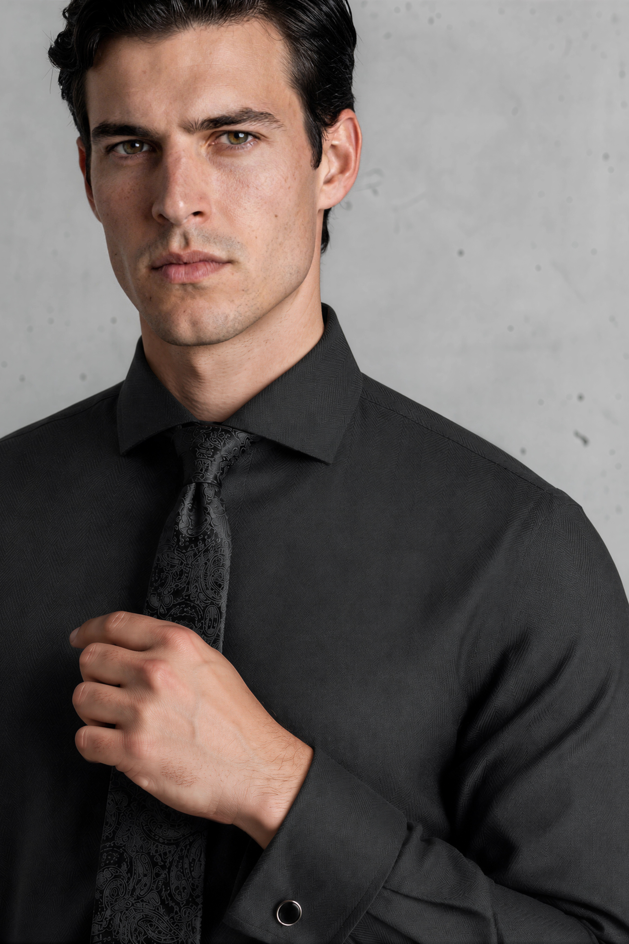 MASON - Black Herringbone Cutaway Collar Double Cuff Shirt - Jack Martin