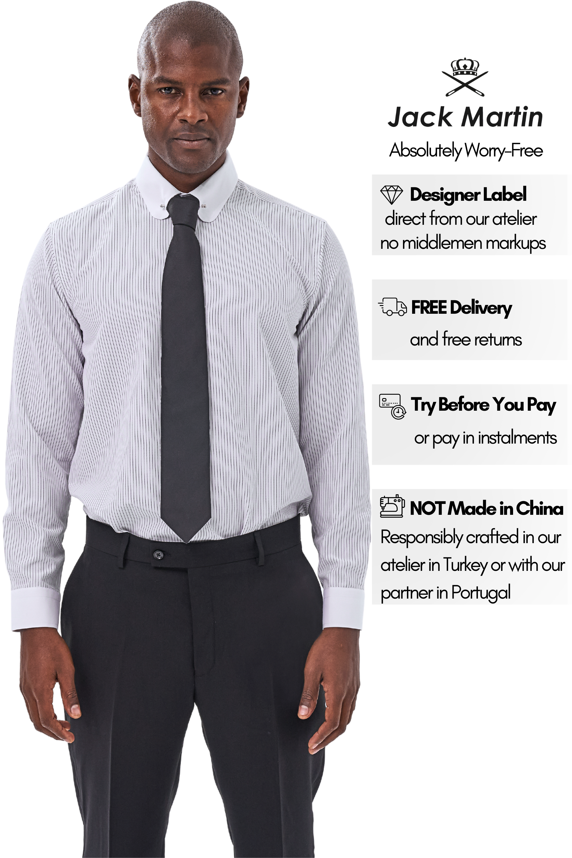 TOMMY - Black & White Pinstripe Pin Collar Shirt - Jack Martin