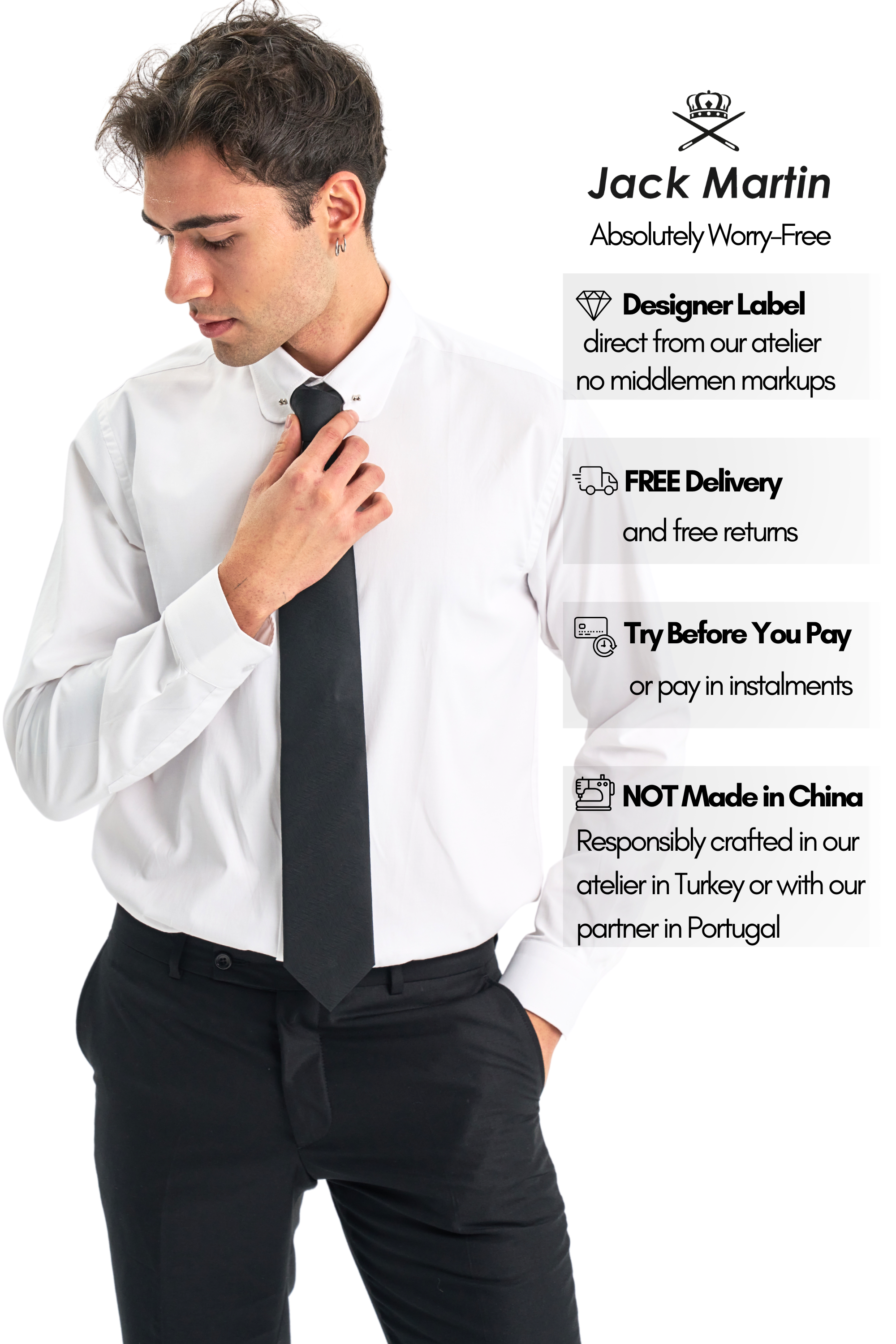 TOMMY - White Penny Collar Shirt with Collar Bar - Jack Martin