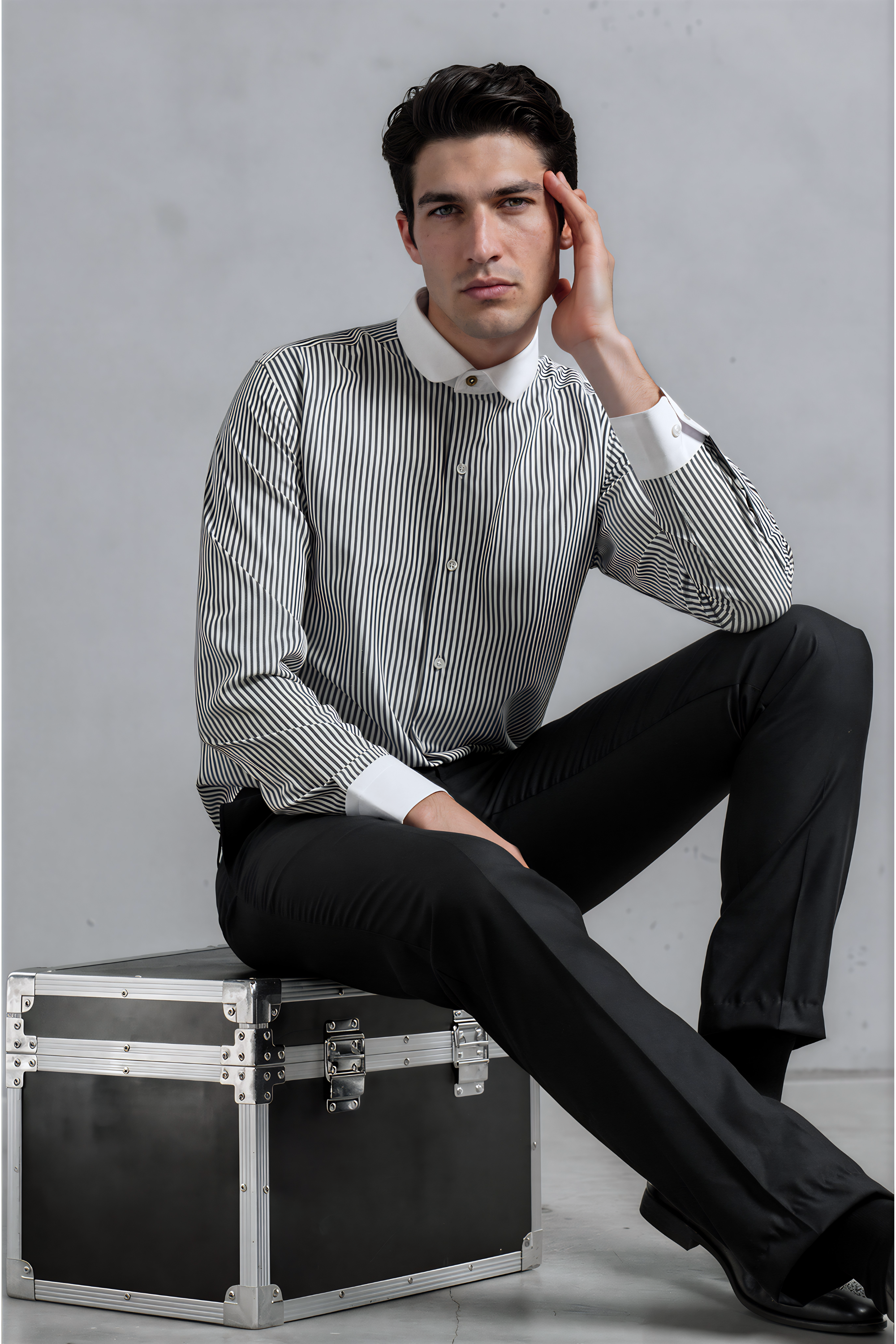 THOMAS - Black Striped Penny Collar Shirt - Jack Martin