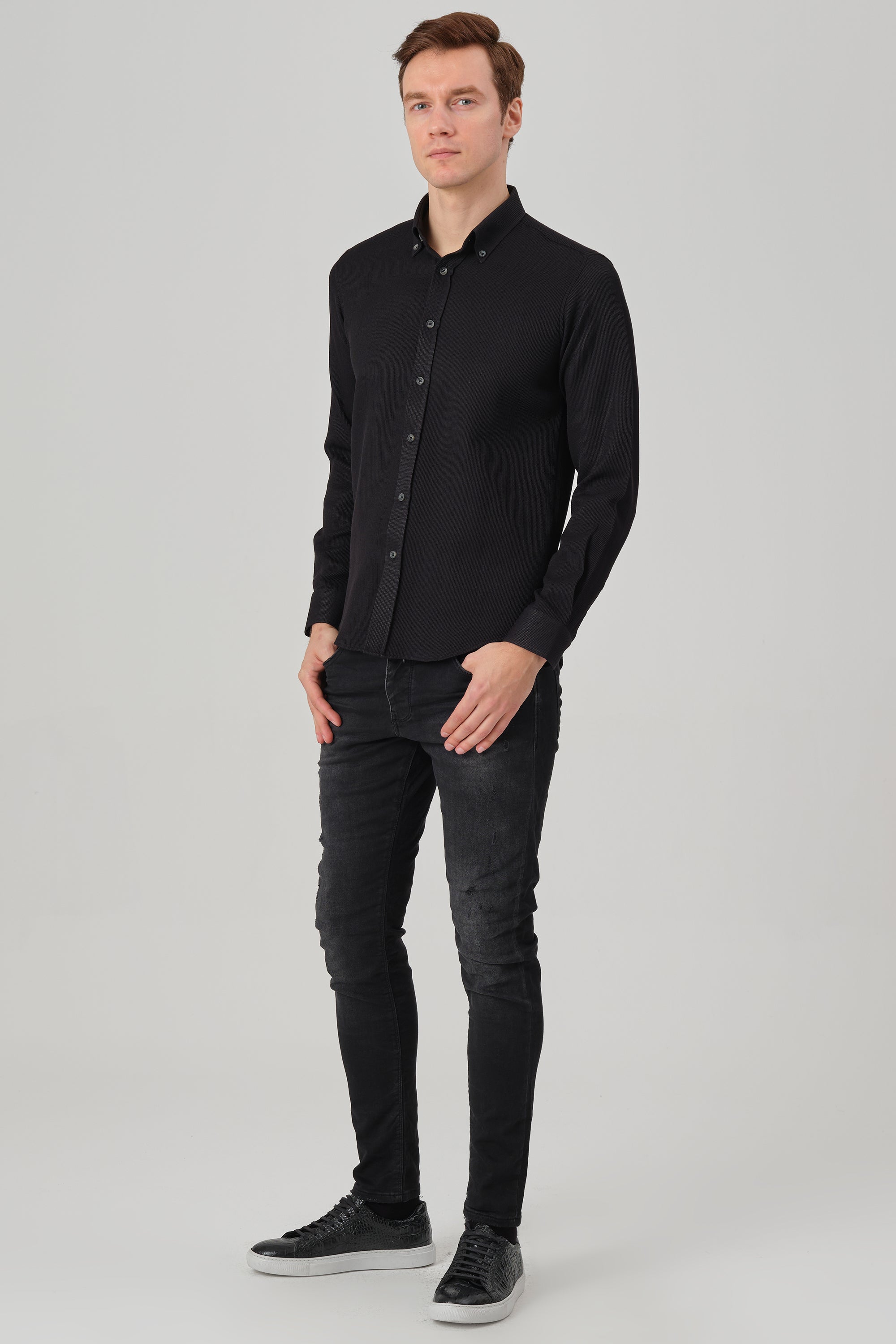NOAH - Black Waffle Button Down Casual Shirt - Jack Martin