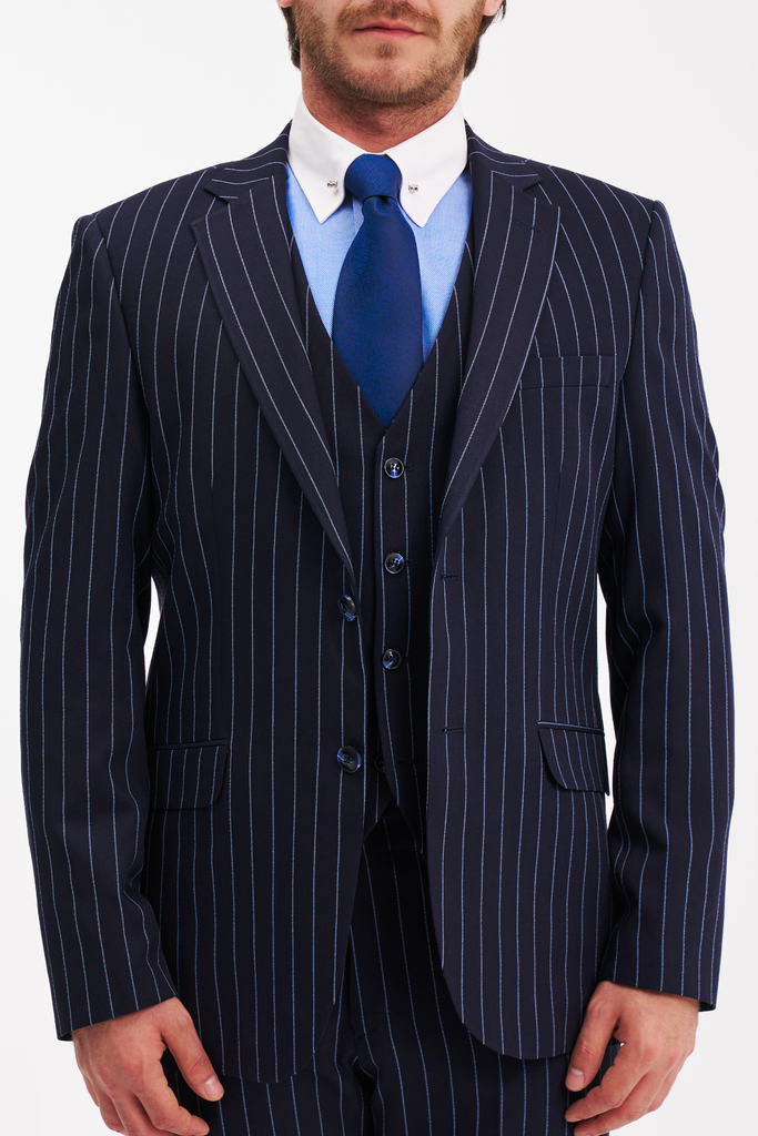 High Quality Dark Navy Blue Suit For Men & Chalk Bold White Pinstripes Double Breasted Suits 100% Poly-Ray main image 1