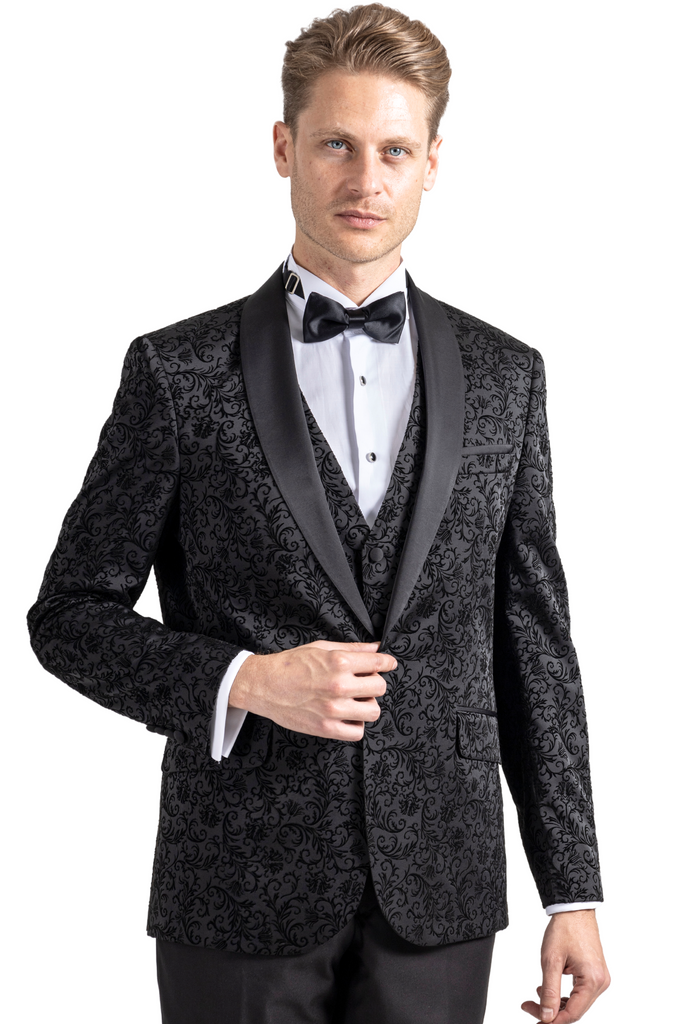 FLORAL - Black Printed Velvet 3 Piece Suit / Tuxedo - Jack Martin