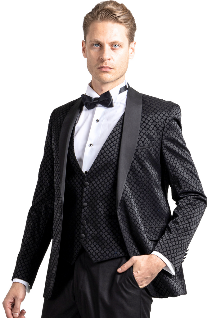 DIAMOND - Black Printed Velvet 3 Piece Suit / Tuxedo - Jack Martin
