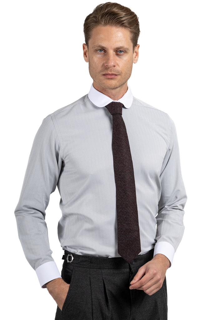 THOMAS - Grey Herringbone Penny Collar Shirt - Jack Martin