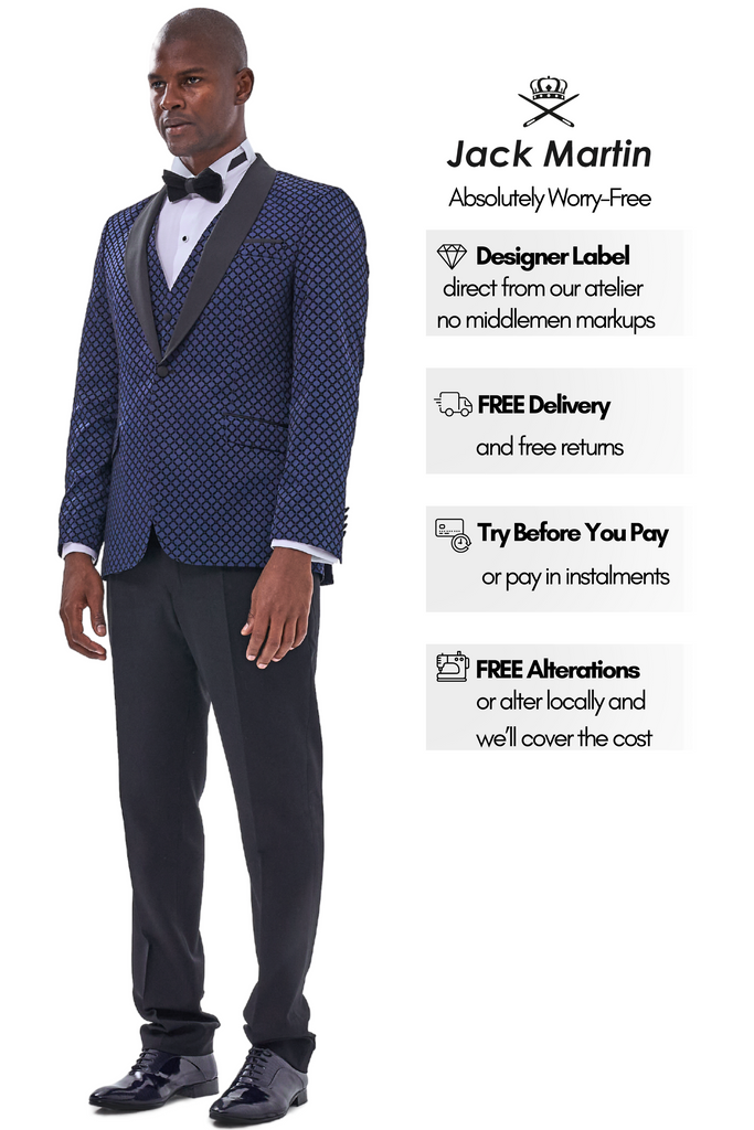 DIAMOND - Midnight Blue Printed Velvet 3 Piece Suit / Tuxedo - Jack Martin