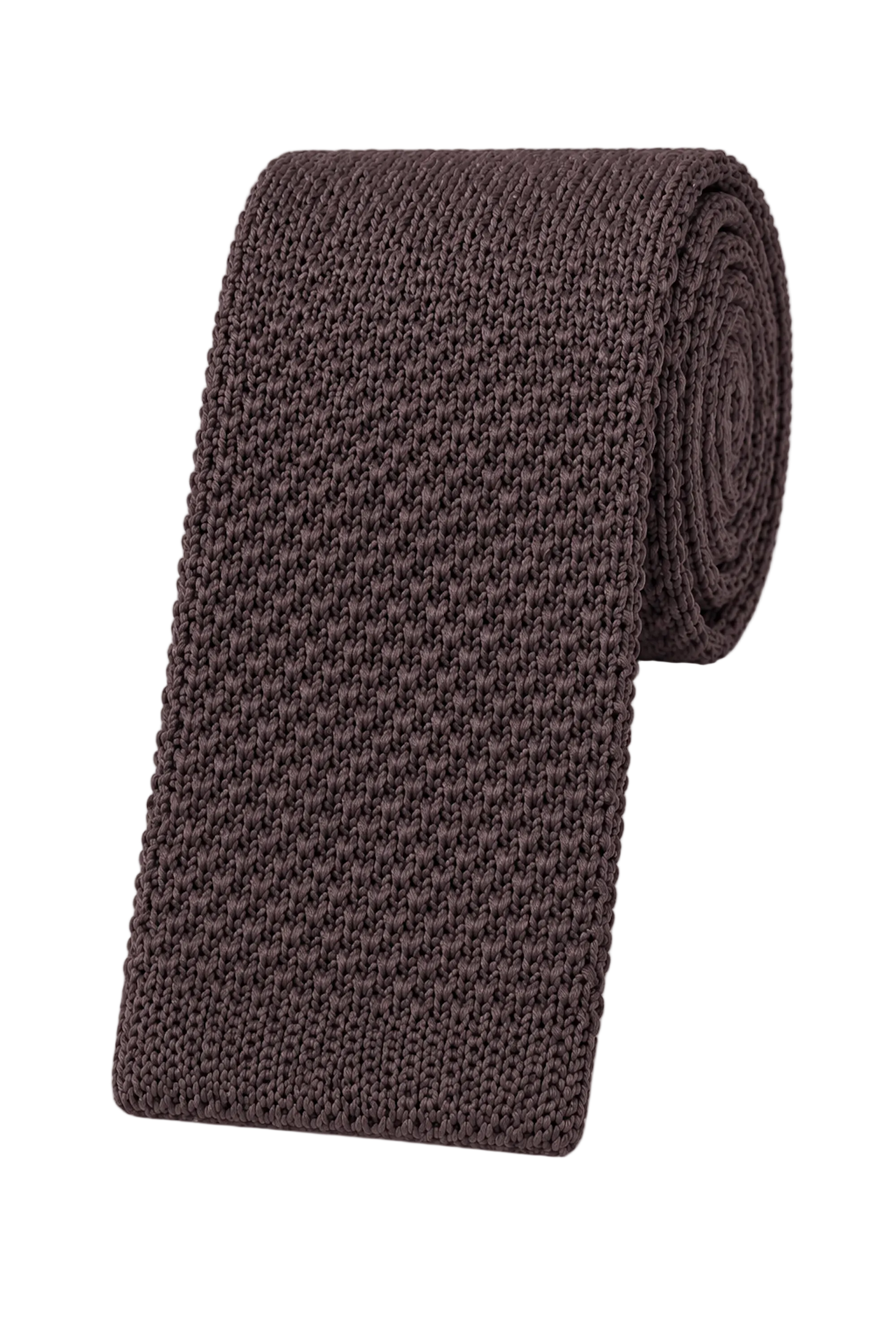 A dark brown textured knit necktie, partially unrolled to show its fine woven pattern, set against a clean white background.
