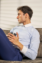 THOMAS - Dark Blue Herringbone Penny Collar Shirt - Jack Martin