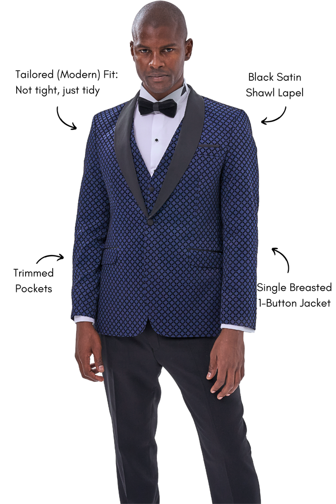 DIAMOND - Midnight Blue Printed Velvet 3 Piece Suit / Tuxedo - Jack Martin