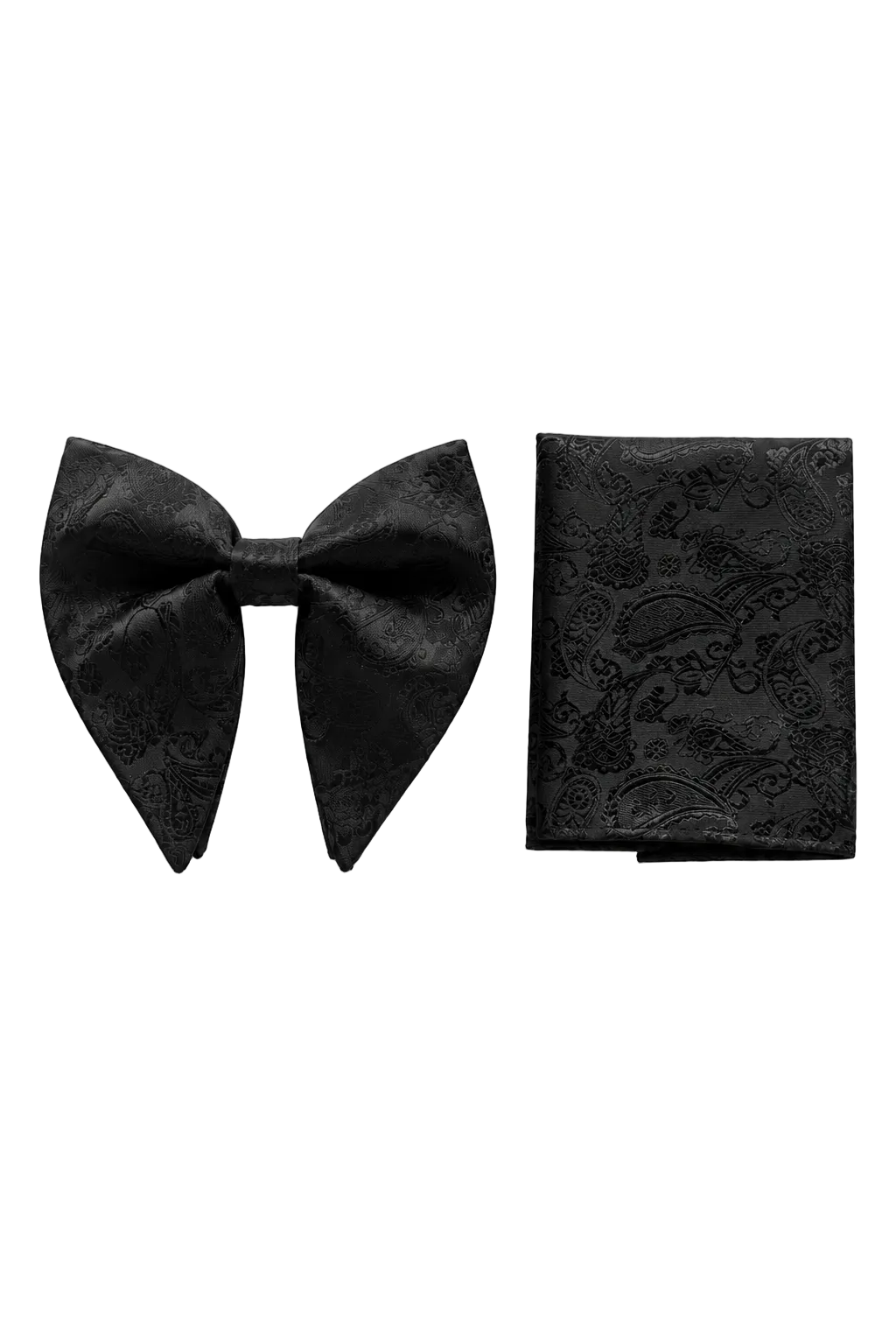 A black pre-tied bow tie and matching folded pocket square set with a subtle paisley pattern, displayed on a clean white background.