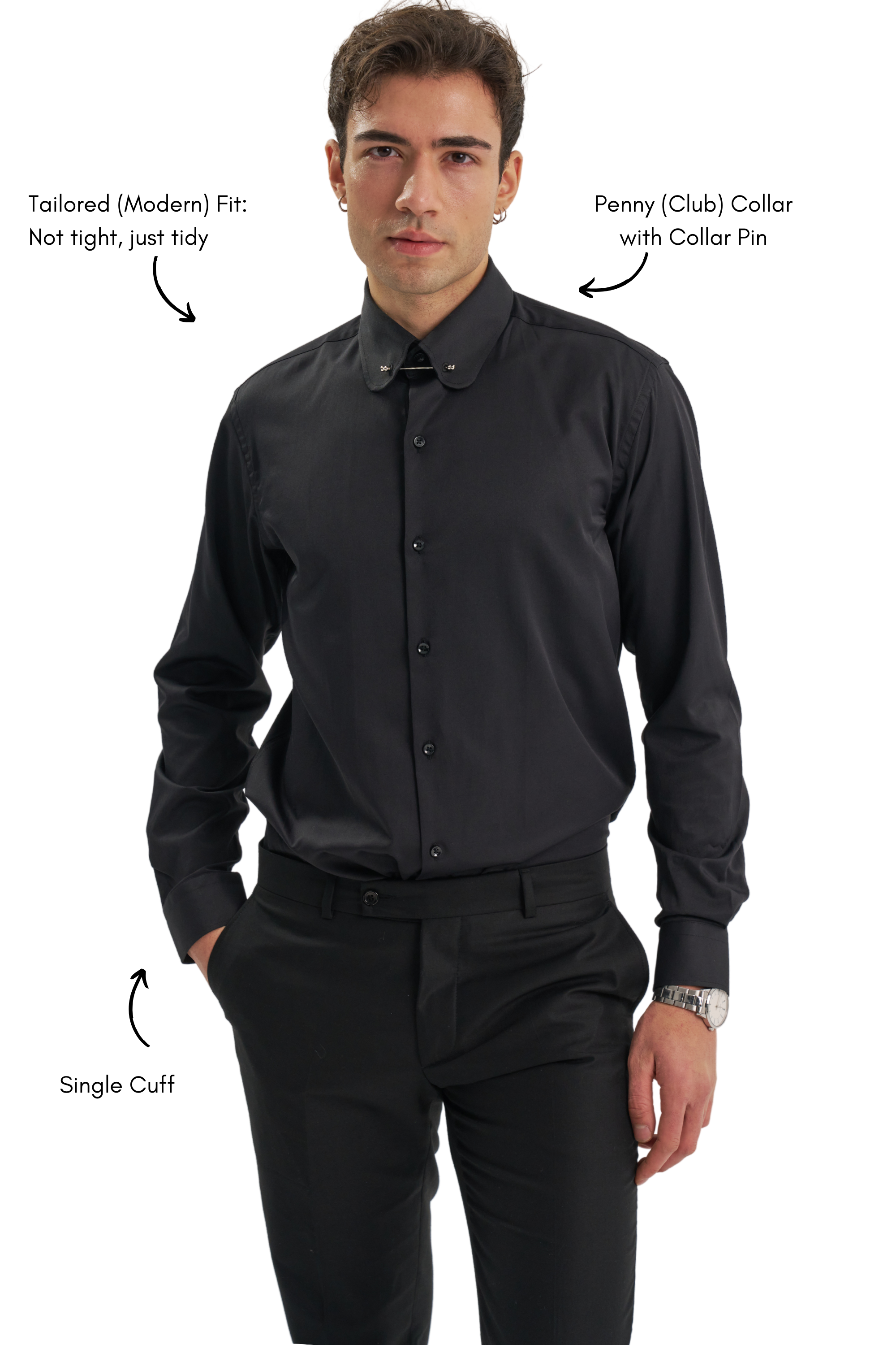 TOMMY - Black Club Collar Shirt with Collar Bar TOMMY - Black Club Collar Shirt with Collar Bar