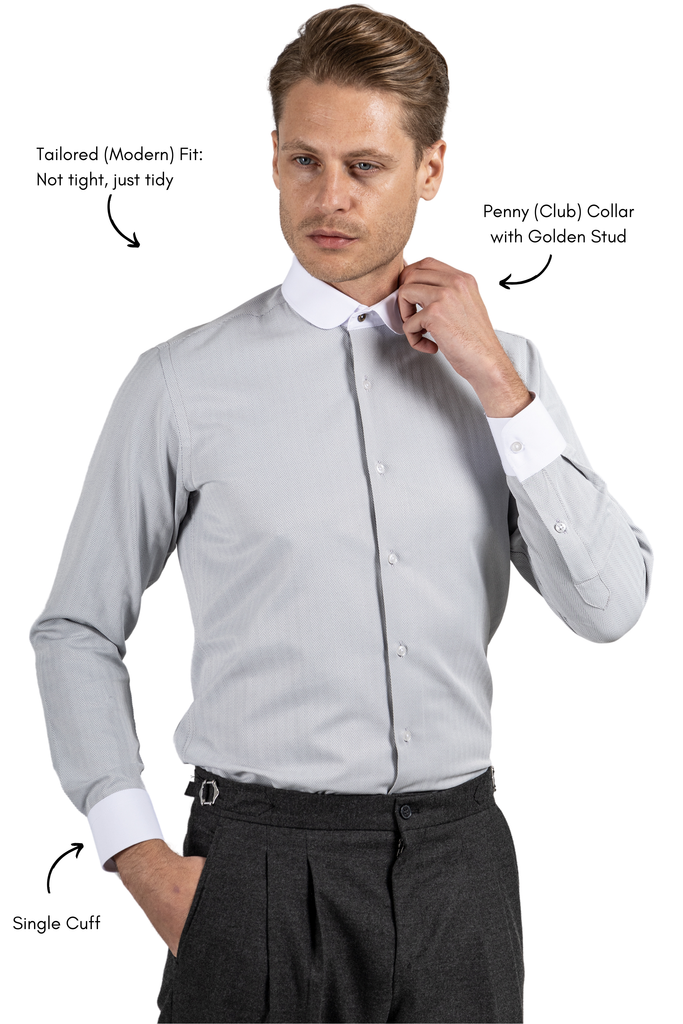 THOMAS - Grey Herringbone Penny Collar Shirt - Jack Martin