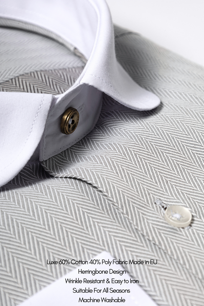 THOMAS - Grey Herringbone Penny Collar Shirt - Jack Martin