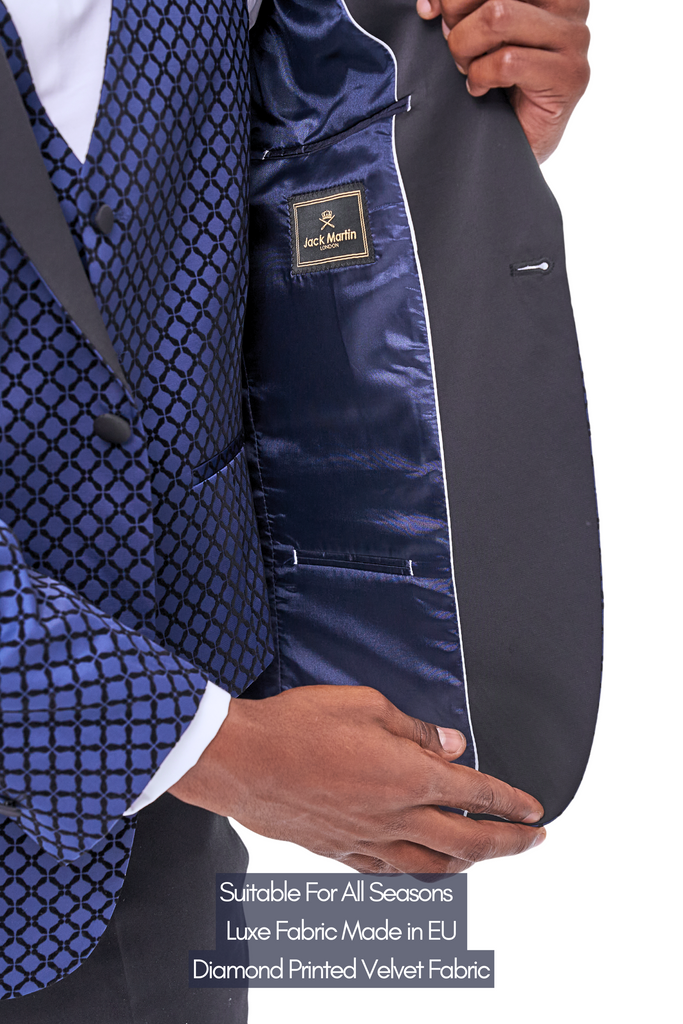 DIAMOND - Midnight Blue Printed Velvet 3 Piece Suit / Tuxedo - Jack Martin