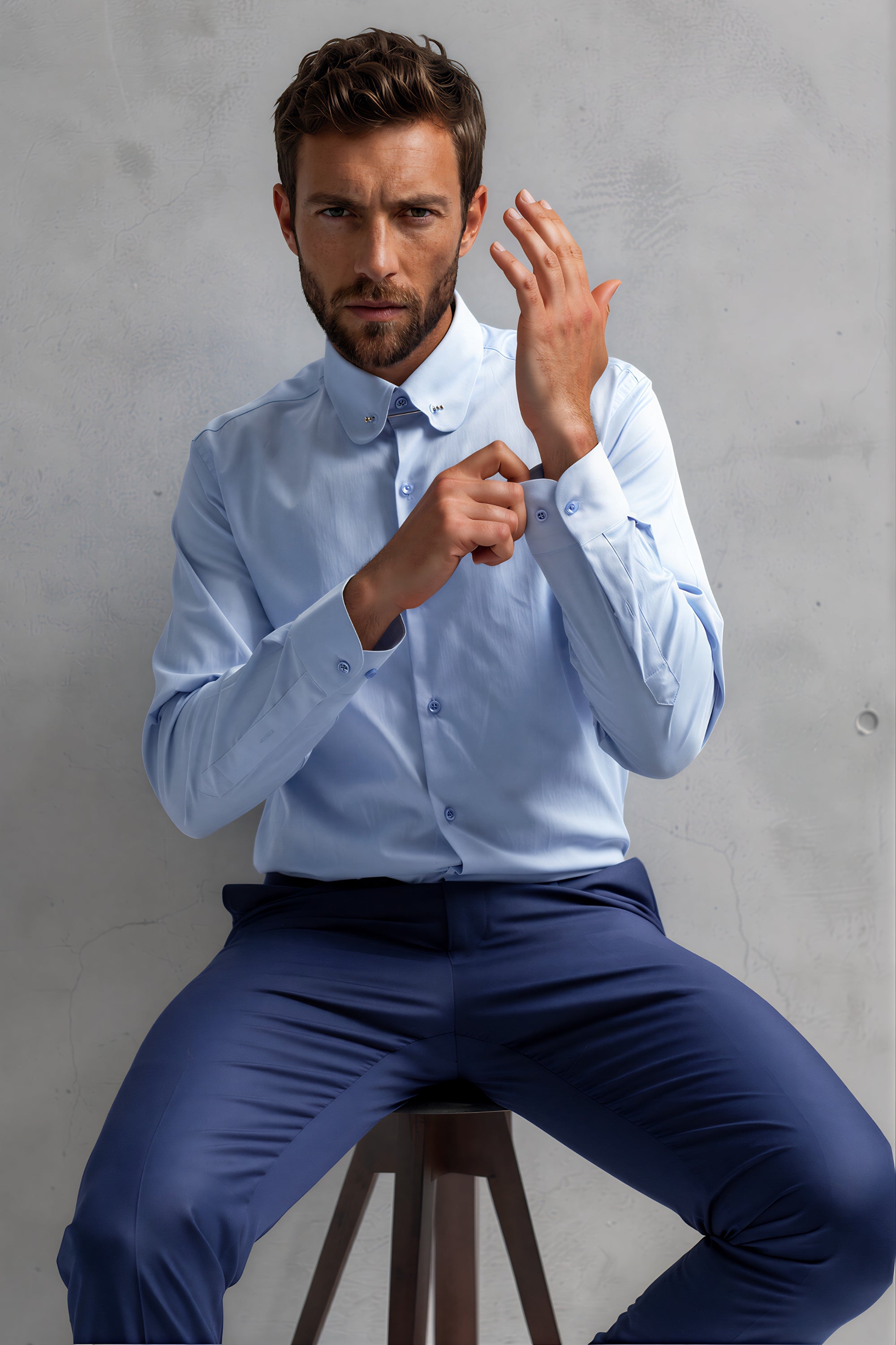 TOMMY - Blue Club Collar Shirt with Collar Bar