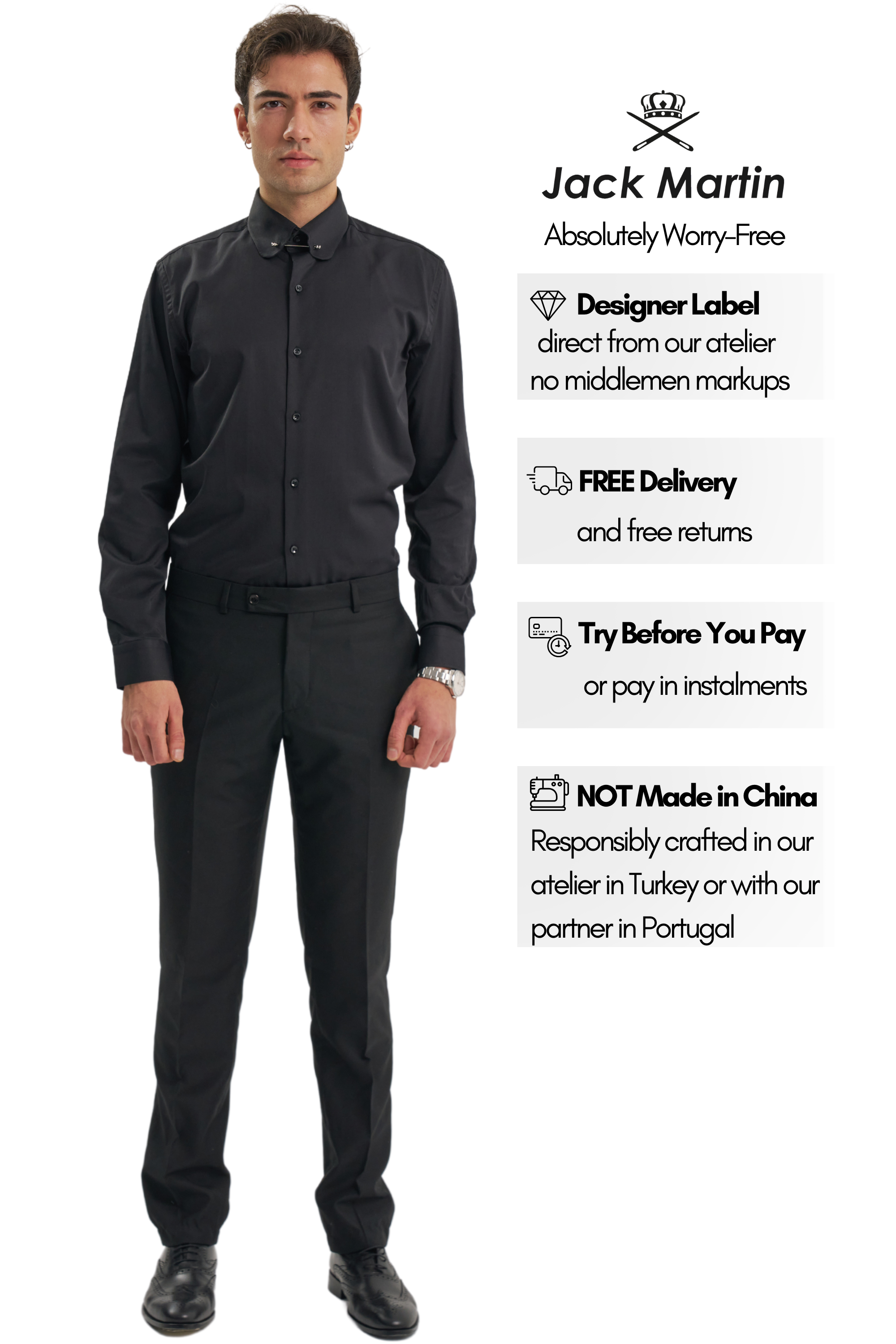 TOMMY - Black Club Collar Shirt with Collar Bar