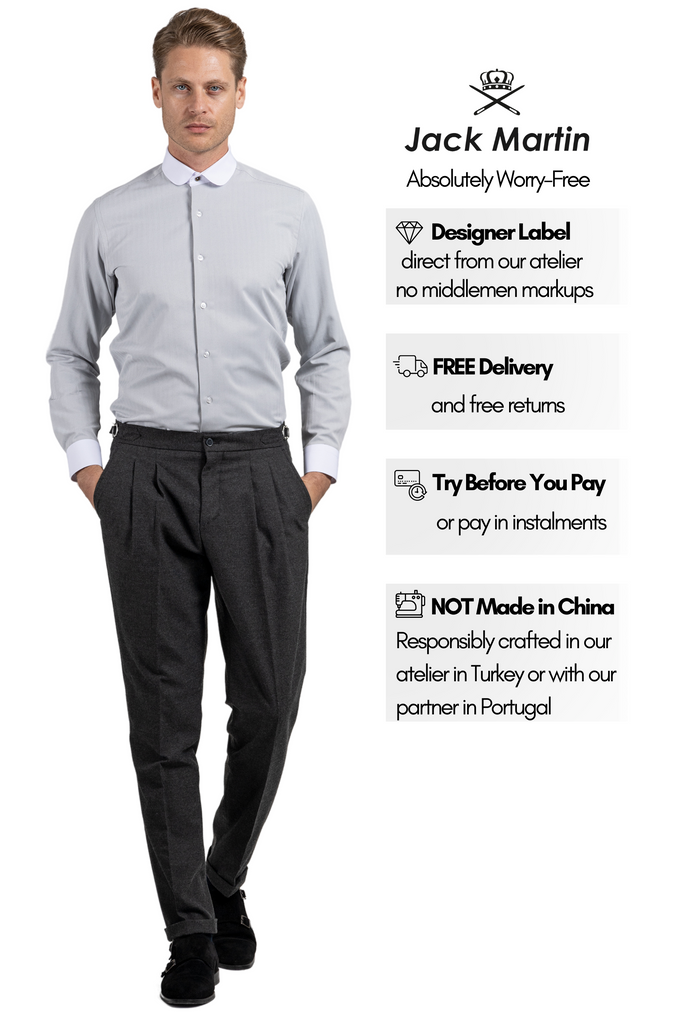 THOMAS - Grey Herringbone Penny Collar Shirt - Jack Martin