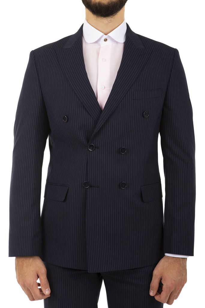 Navy Pinstripe Double Breasted Semi Slim Fit Suit - Jack Martin Menswear