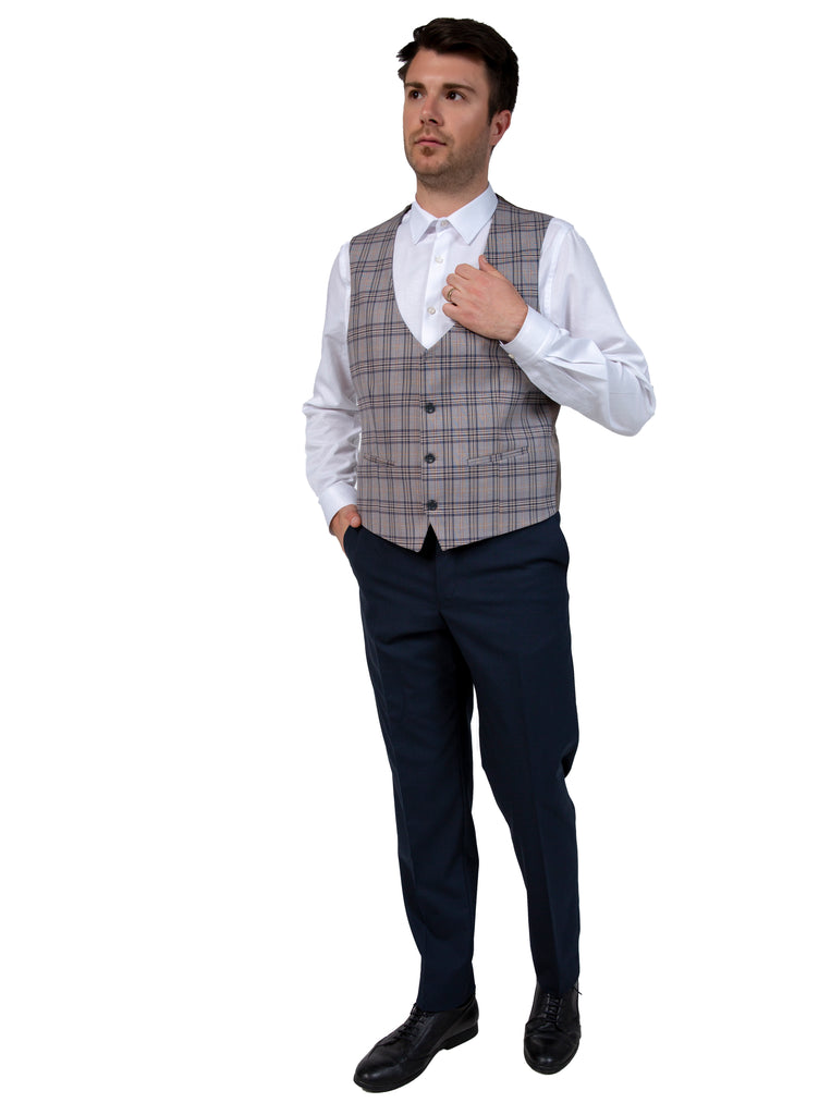Cream & Blue Bold Check Suit Waistcoat - Jack Martin Menswear