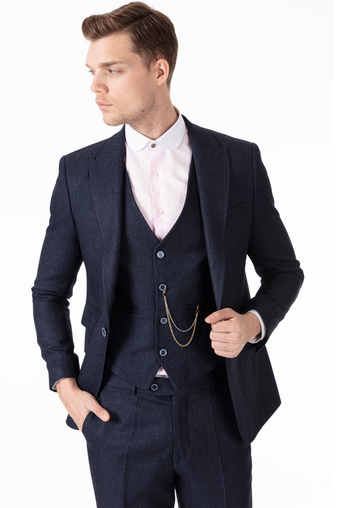 TOMMY - Peaky Blinders Style - Navy Herringbone Tweed 3 Piece Suit - Jack Martin Menswear