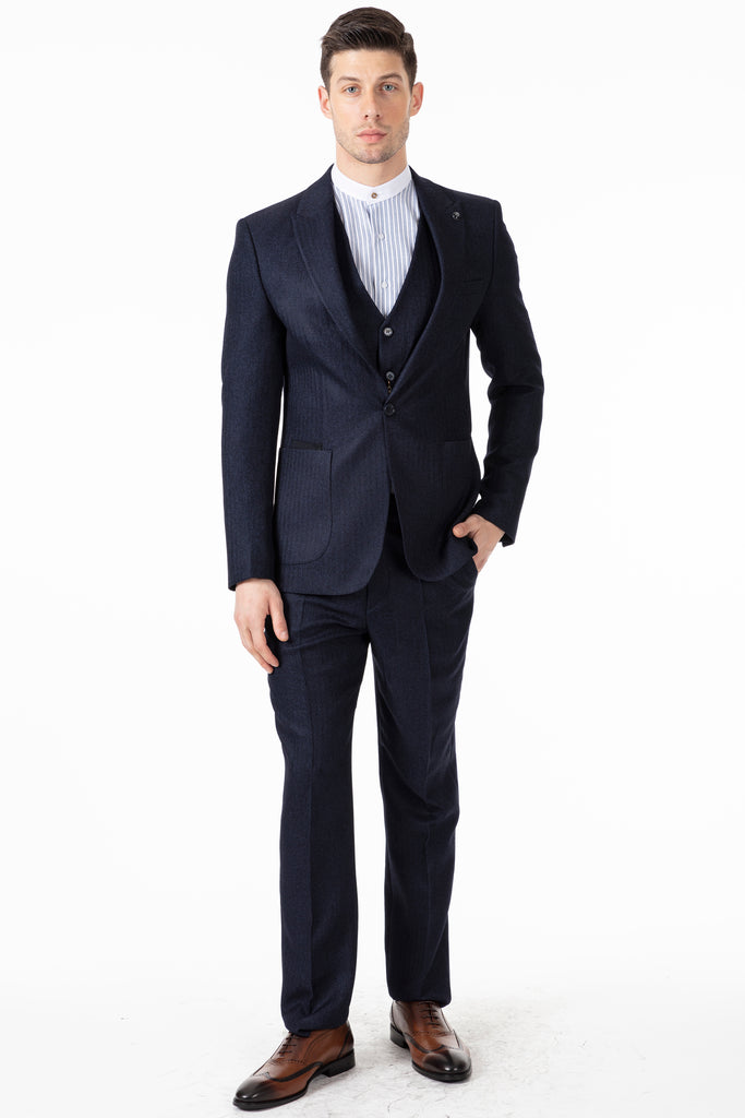 JOHN - Navy Tweed Herringbone Blazer with Patch Pockets - Jack Martin Menswear