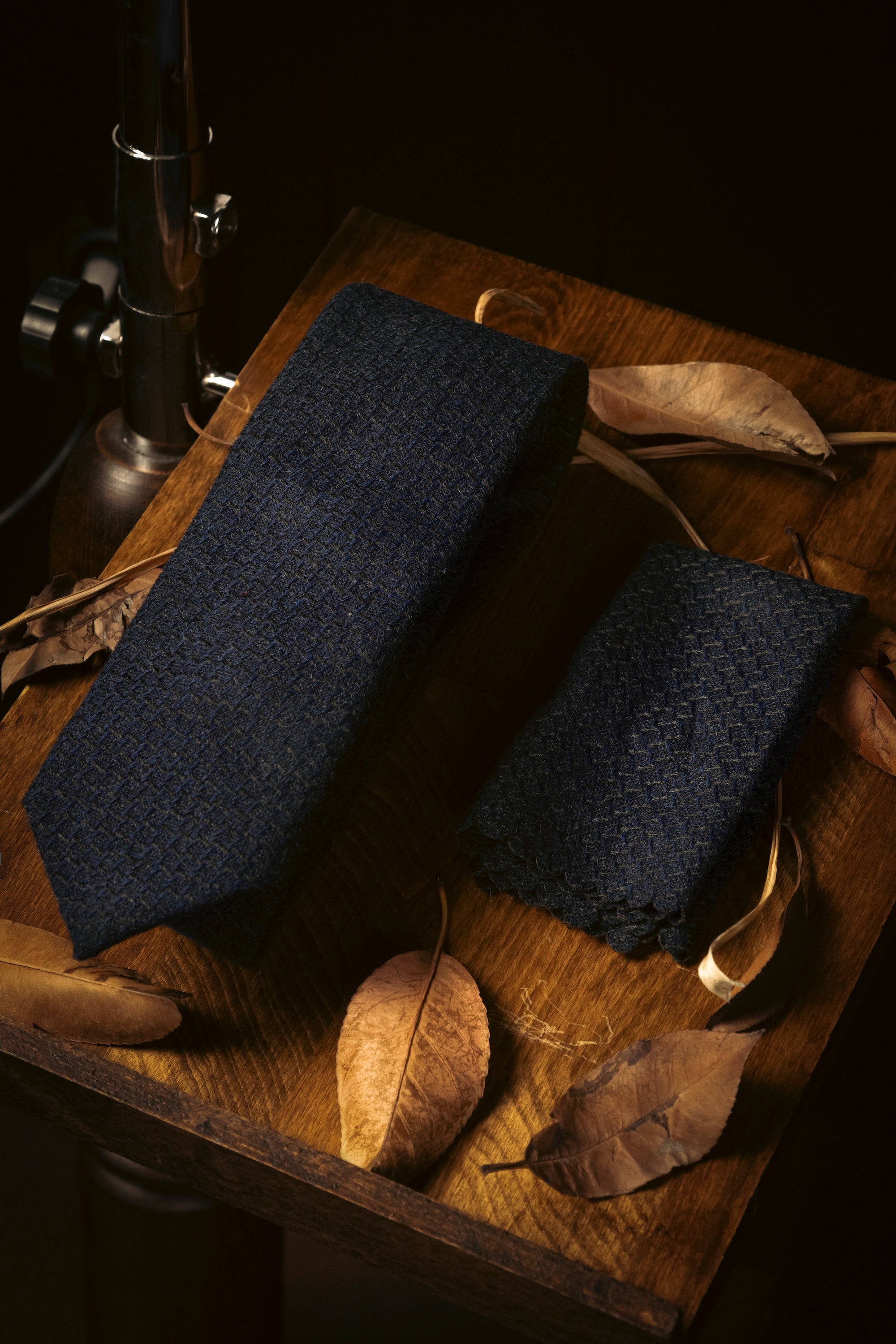 Tie & Hanky Set: Dark Blue Check Wool Tie & Hanky - Jack Martin