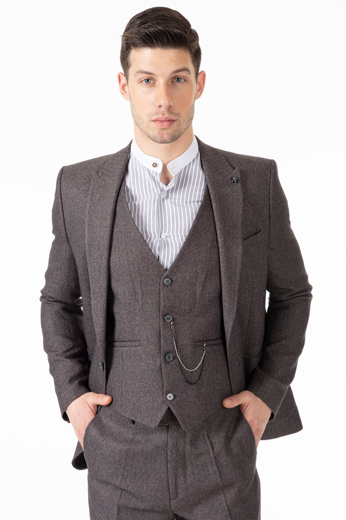 JOHN - Grey Tweed Herringbone Waistcoat - Jack Martin Menswear
