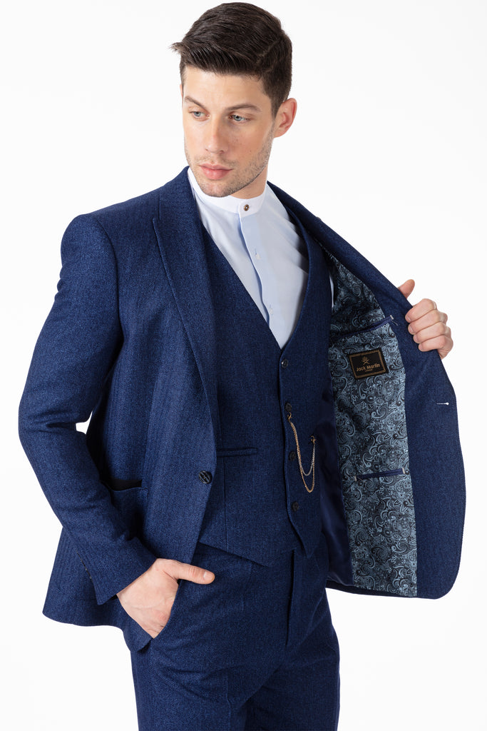 JOHN - Blue Tweed Herringbone Blazer with Patch Pockets - Jack Martin Menswear