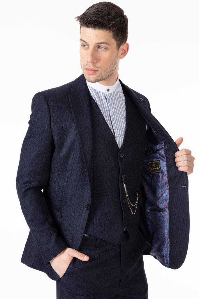 JOHN - Navy Tweed Herringbone Blazer with Patch Pockets - Jack Martin Menswear
