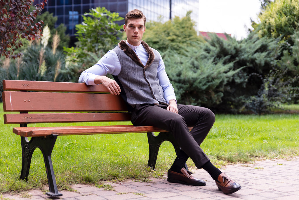 MAX - Navy & White Herringbone Tweed-Look Waistcoat with Faux Fur - Jack Martin Menswear