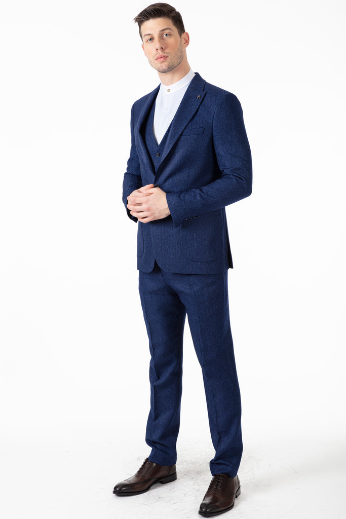 JOHN - Blue Tweed Herringbone Blazer with Patch Pockets - Jack Martin Menswear