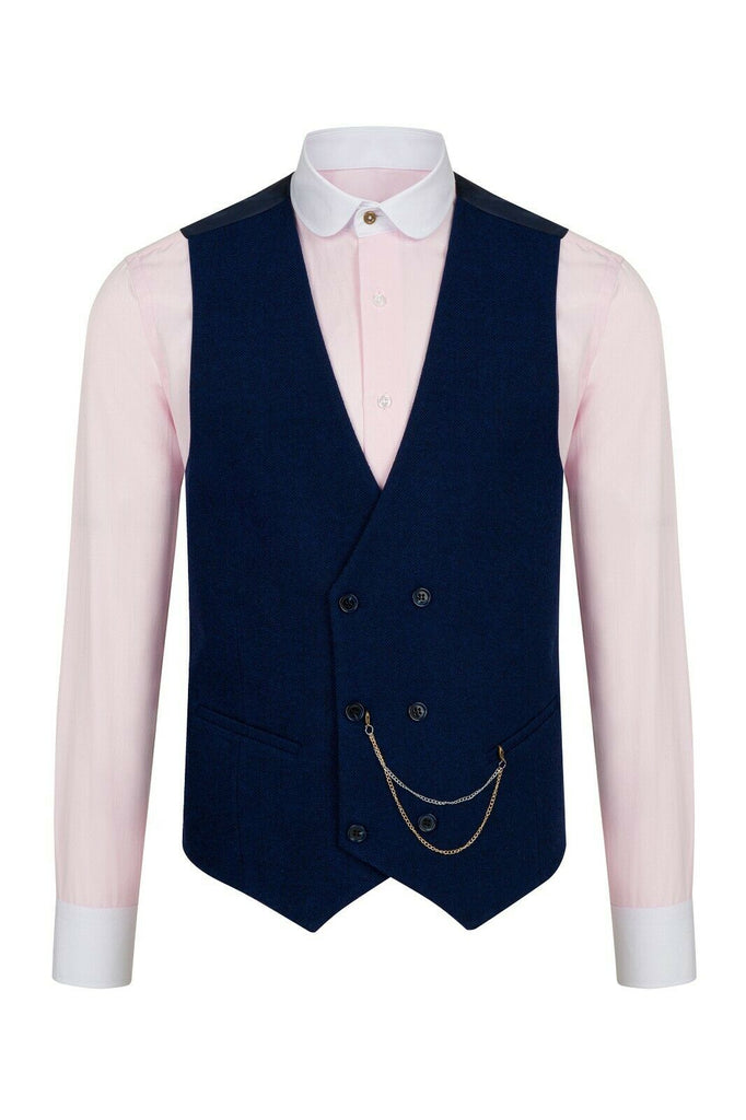 Blue Herringbone Tweed Double Breasted Waistcoat - Jack Martin Menswear