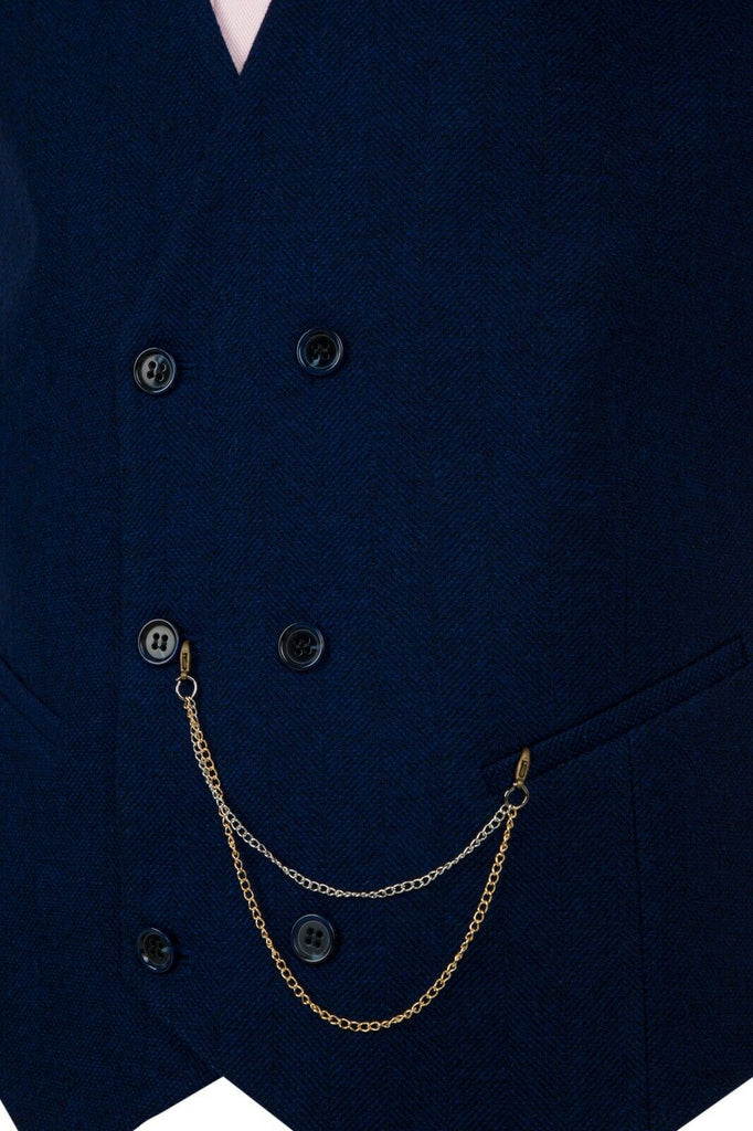 Blue Herringbone Tweed Double Breasted Waistcoat - Jack Martin Menswear