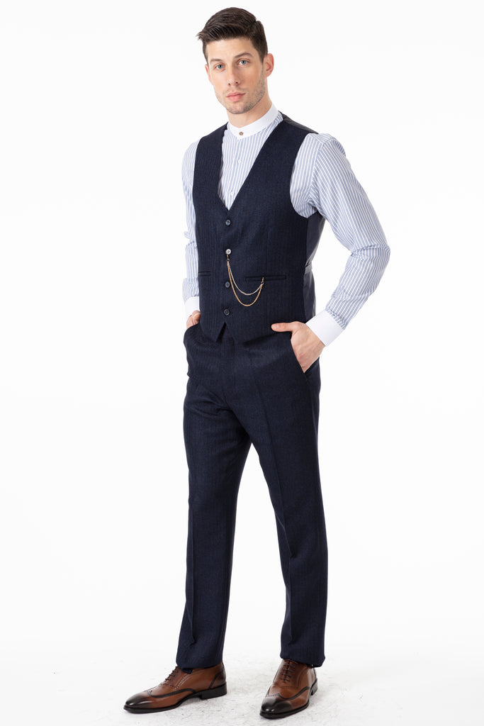 JOHN - Navy Tweed Herringbone Waistcoat - Jack Martin Menswear