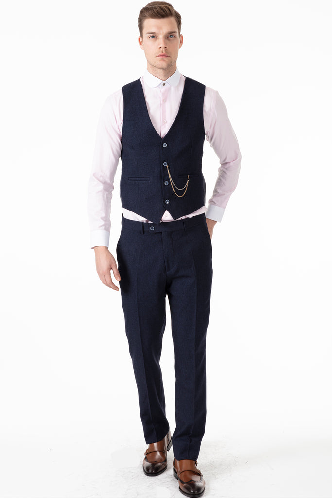 TOMMY - Navy Tweed Waistcoat - Jack Martin Menswear