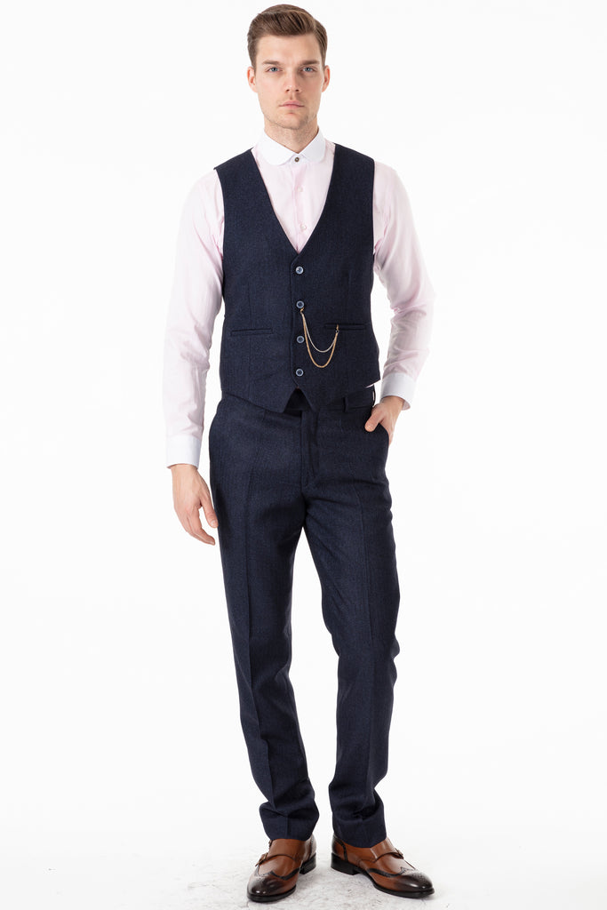 TOMMY - Peaky Blinders Style - Navy Herringbone Tweed 3 Piece Suit - Jack Martin Menswear