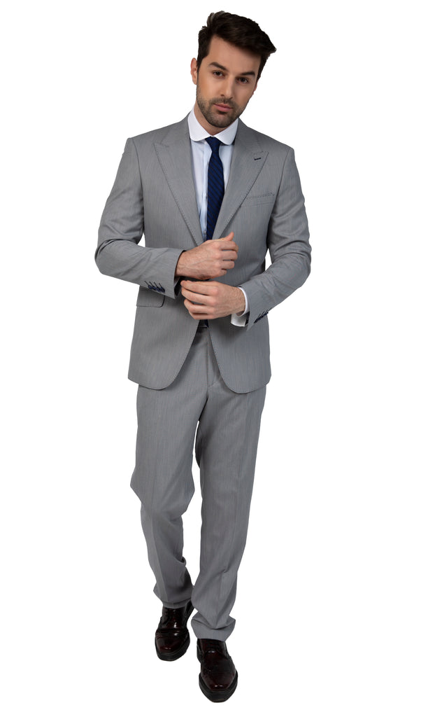 Grey & Blue Textured Semi-Slim Fit Suit with Smart Peak Lapel (PERCY) - Jack Martin Menswear