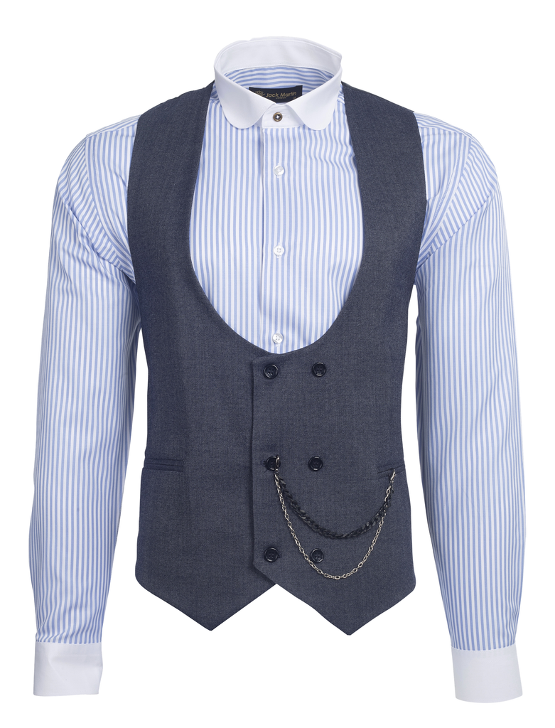 Denim Blue Wool Double Breasted Waistcoat - Jack Martin Menswear