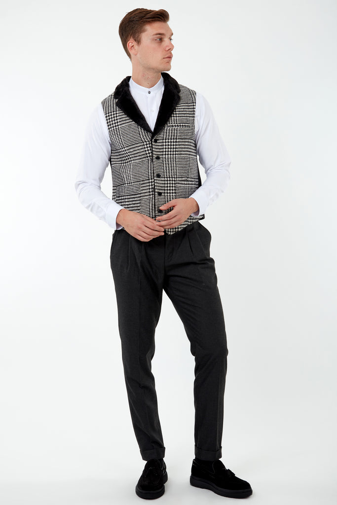 MAX - Black & White Glen Check Tweed-Look Waistcoat with Faux Fur - Jack Martin Menswear