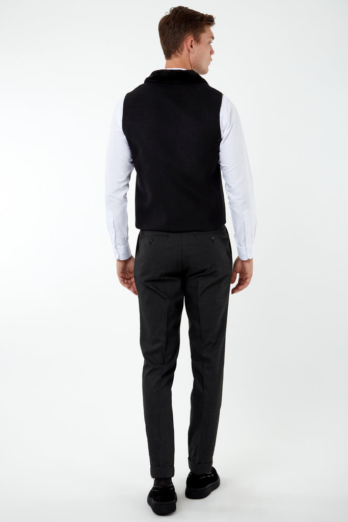 MAX - Black & White Glen Check Tweed-Look Waistcoat with Faux Fur - Jack Martin Menswear