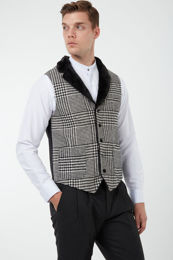MAX - Black & White Glen Check Tweed-Look Waistcoat with Faux Fur - Jack Martin Menswear