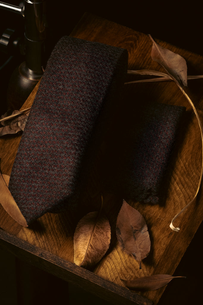 Tie & Hanky Set: Grey & Burgundy Patterned Wool Tie & Hanky - Jack Martin