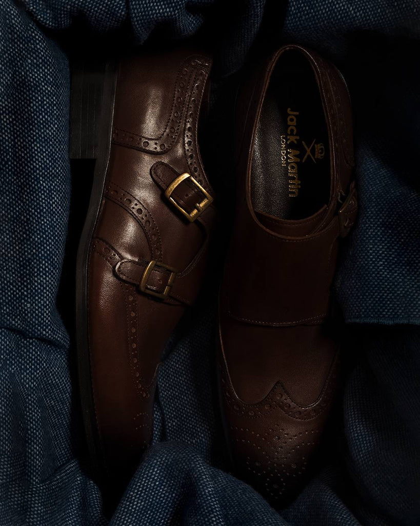 BLAKE - Brown Handmade Burnished Leather Double Monk Strap Shoes - Jack Martin