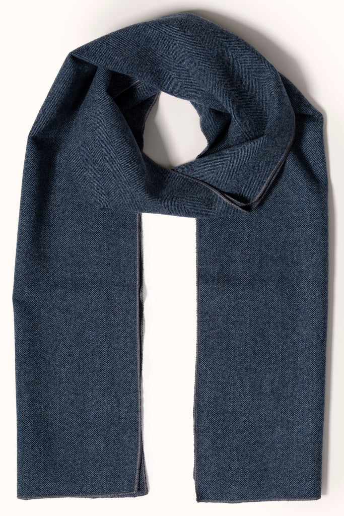 Blue Herringbone Wool Tweed Scarf - Jack Martin Menswear