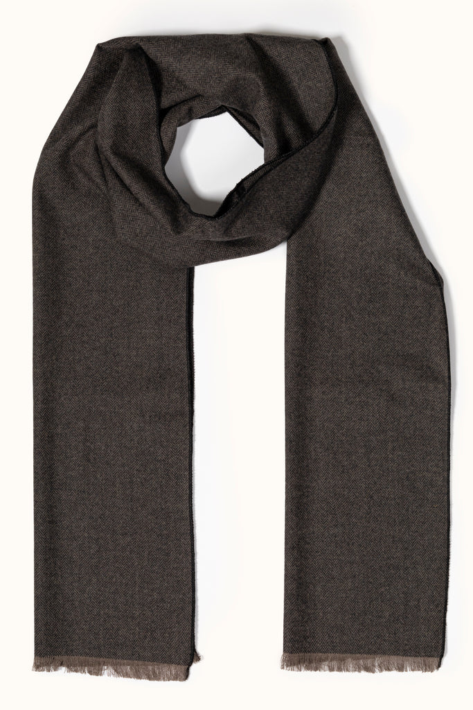 Brown Herringbone Wool Tweed Scarf - Jack Martin Menswear