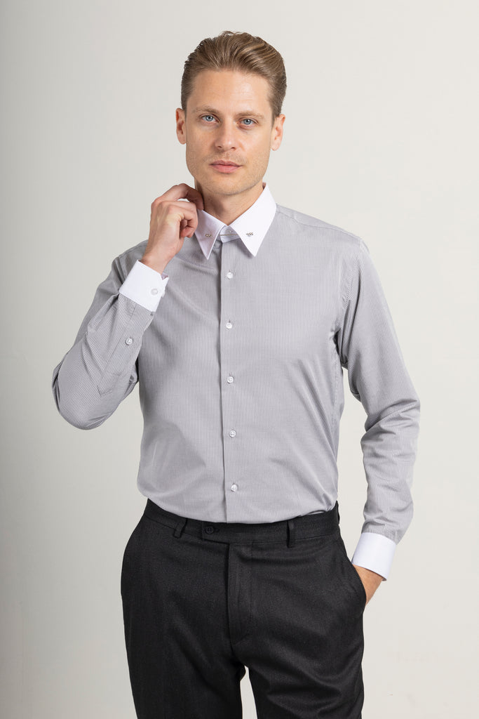 LUKE - Grey Subtle Stripe Pin Collar Shirt - Jack Martin
