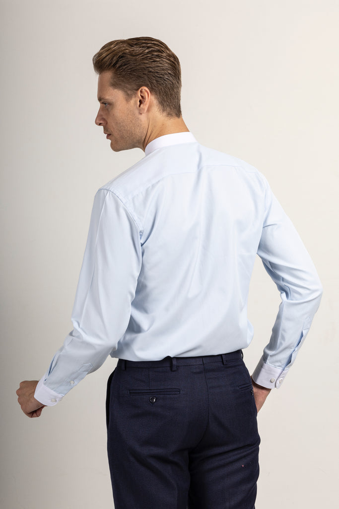 Peaky Blinders Style - Blue Twill Grandad Collar Slim Fit Shirt - Jack Martin Menswear